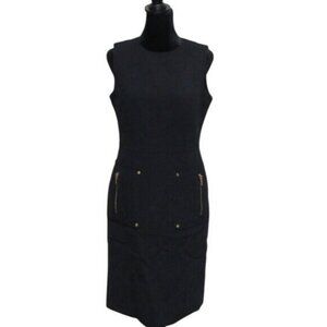 Tory Burch Black Wool Blend Sheath dress slash zipper pockets gold accents sz 4